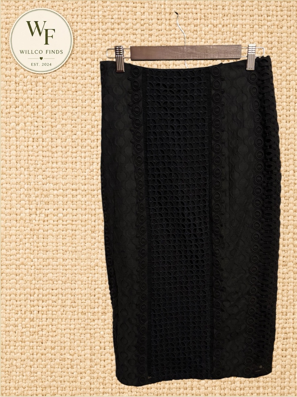 Rebecca Taylor Women’s Black Lace Midi Pencil Skirt Size 6 Crochet Eyelet
